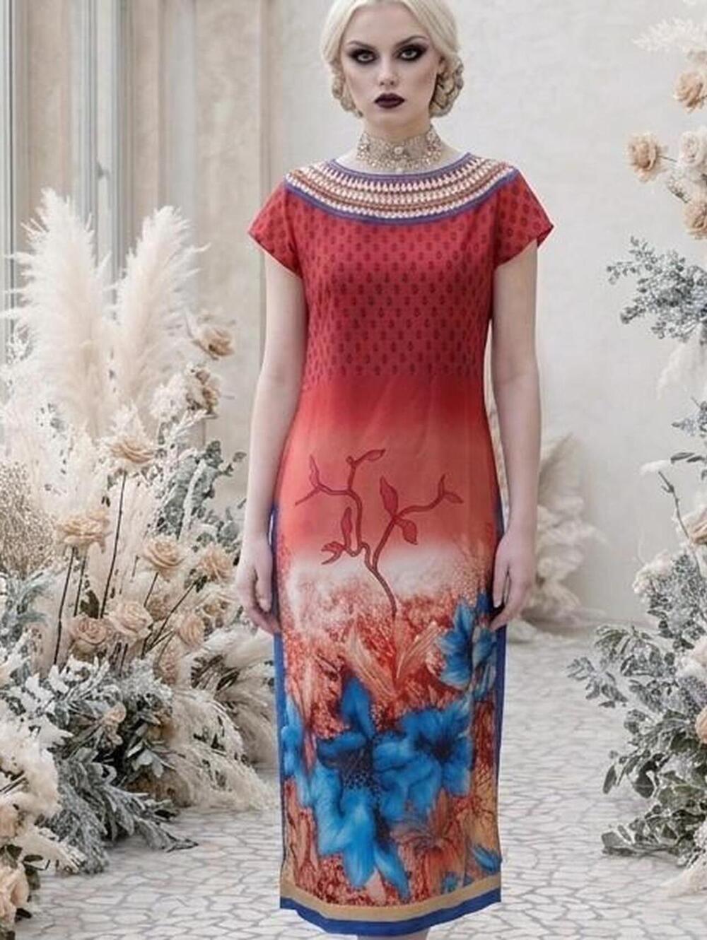 Boho red & blue floral short-sleeve midi dress with embellished neckline detail.
